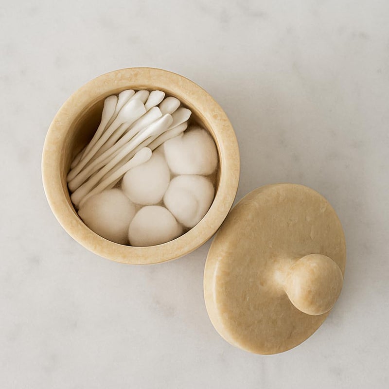 Creative Home Natural Champagne Marble Notch Collection Cotton Ball, Swab Holder Bathroom Storage Jar Container Organizer, 3.5" Diam. x 3.8" H, Beige - Image 5